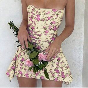 Floral Strapless Dress - Pink and Cream